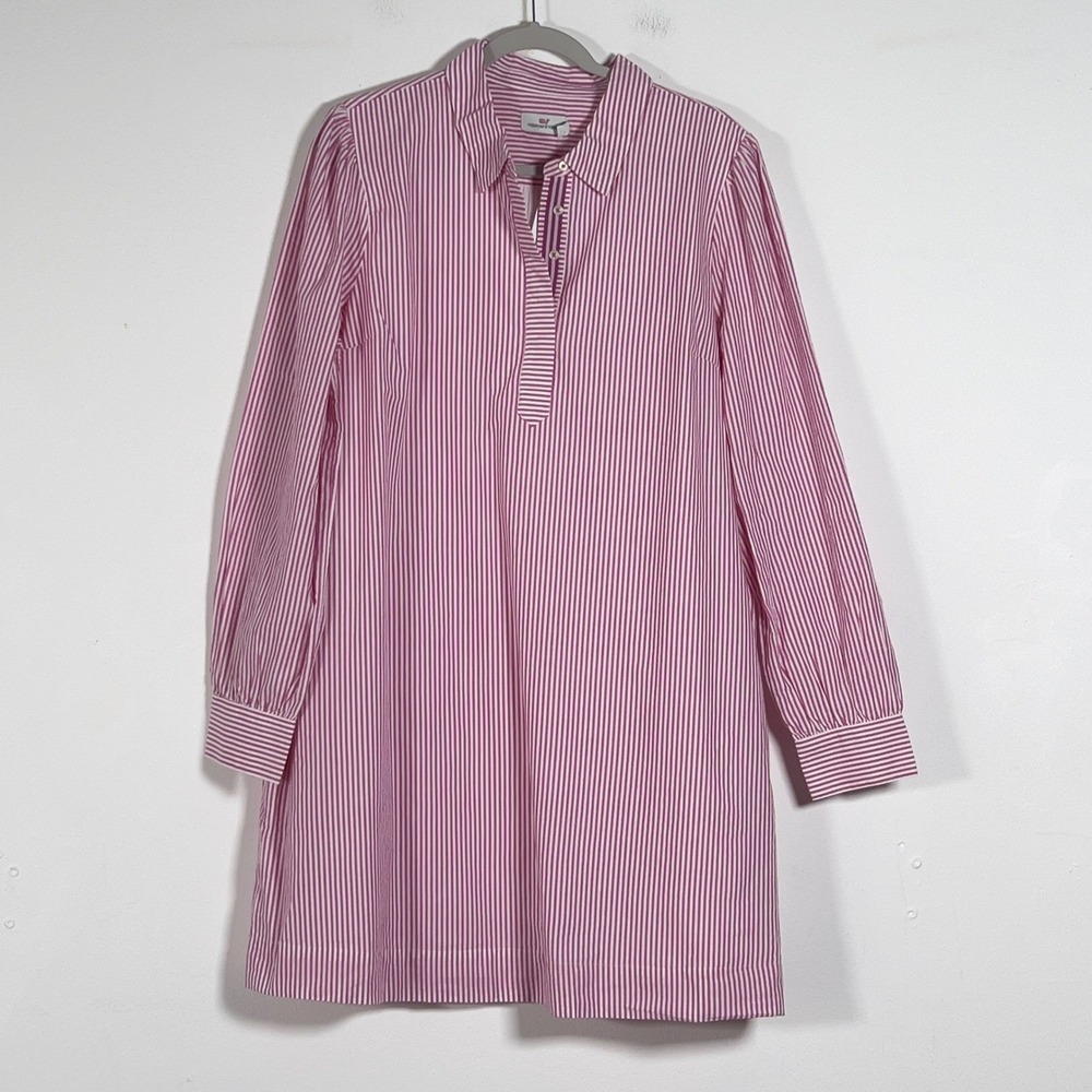 Vineyard Vines Poplin Popover Dress Women Sz XL Pink Striped Long Sleeve